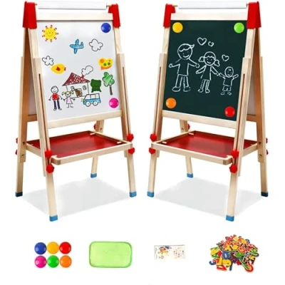 Abbildung von Kindertafel aus Holz mit Papierrolle Doppelseitige Whiteboard und Tafel Kinder Staffelei Zahlen Anderem Zubehör für Kleinkinder (T04)