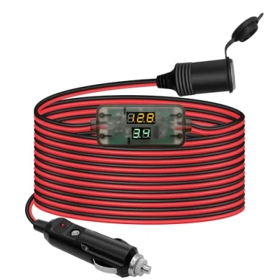 Abbildung von Hoembpn 4M 3 in 1 Batterie Monitor KFZ Verlängerungskabel Zigarettenanzünder Buchse Adapter, 12V/24V Auto Batteriewächter Steckdose 10A 17AWG Kabel mit LED Voltmeter Amperemeter