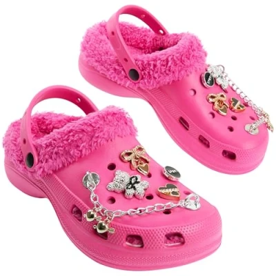 Abbildung von CityComfort Mädchen Clogs mit Fleecefutter &amp; abnehmbaren Ansteckern Garten Hausschuhe (Knalliges Rosa, 33 EU)