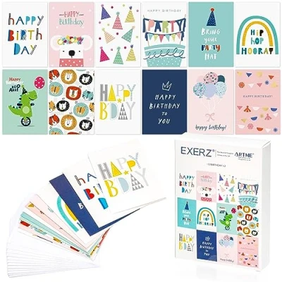 Abbildung von EXERZ 24 verschiedene Grußkarten im Multipack zum Geburtstag 12 Designs x2 Alles Gute Geburtstagskarten. Geeignet für Kinder und Erwachsene, Jungen Mädchen.