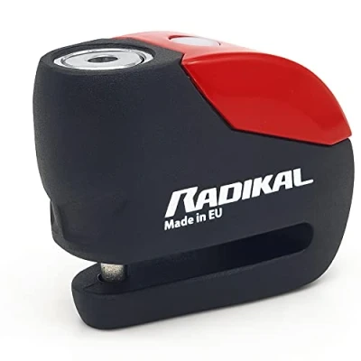 Abbildung von RADIKAL RK9 Bremsscheibenschloss mit Alarm 120dB Premium Warnung, Optionale Aktivierung, LED Licht, Komplett Metall, Motorradschloss Alarmanlage Diebstahlsicherung Motorrad Roller Ebike, 6mm Rot