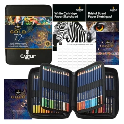Abbildung von Castle Art Supplies Gold Standard 72 Buntstifte Set mit Extras Hochwertige Farbkerne auf Ölbasis, spitzer &amp; widerstandsfähiger gegen Bruch Für erfahrene Künstler, Farbkünstler Reißverschlussetui