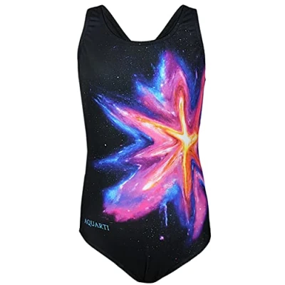 Abbildung von Aquarti Mädchen Badeanzug Chlorresistent Schwimmanzug Muscleback Wassersport Swimsuit, Farbe: Bunter Fleck Amarant Gelb/Schwarz, Größe: 164