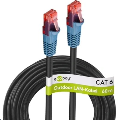 Abbildung von goobay 94396 Outdoor Patchkabel CAT 6 Kabel / 2fach PE Mantel Wasserdicht RJ45 Stecker Ethernet Außenbereich Netzwerkkabel 60m Schwarz LAN