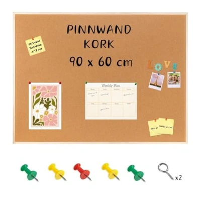 Abbildung von Creative Home 90x60 cm Große Pinnwand Kork inkl. 5 Pinwandnadeln Korkwand Korktafel Holzrahmen Memoboard Hergestellt in der EU Ideal für Büro, Schule, Schlafzimmer und Heim
