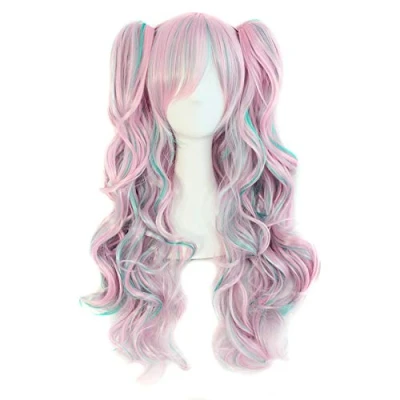 Abbildung von MapofBeauty farbige Lolita lange lockige geheftet auf Pferdeschwanz Cosplay Perücke (rosa/blau)