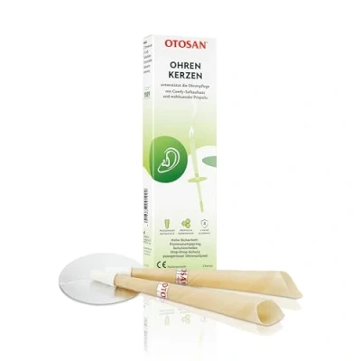 Abbildung von OTOSAN Ohrenkerzen zur Pflege und Hygiene bei Ohrenbeschwerden 2 Stk natürliche Ohrkerzen mit Propolis 4 Safety Features Medizinprodukt