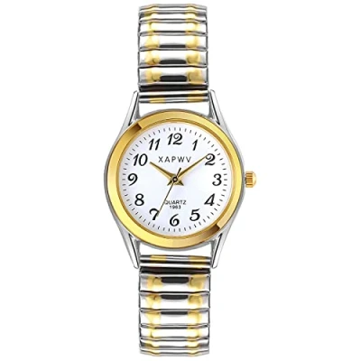 Abbildung von JewelryWe Damen Armbanduhr, Elegant Analog Quarz Uhr mit Digital Zifferblatt und Elastisch Legierung Armband Gold/Slber