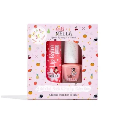 Abbildung von Miss Nella BUTTER CHEEKS hypoallergener Lippenbalsam speziell für Kinder + PEACH SLUSHIE abziehbarer Nagellack