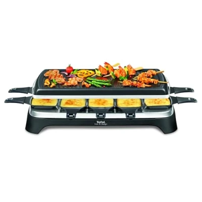 Abbildung von Tefal Raclette Ambiance RE4588 für 10 Personen, inklusive Tischgrill Funktion Grillplatte antihaftbeschichtet + spülmaschinengeeignet 2 Meter langes abnehmbares Kabel Schwarz/Edelstahl 1350W