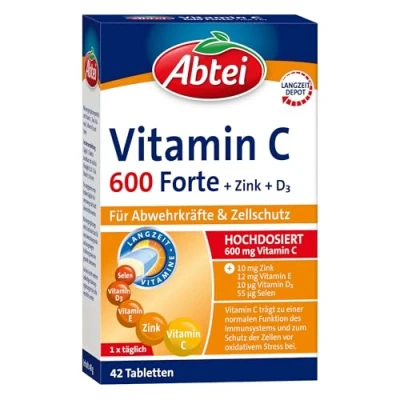 Abbildung von Abtei Vitamin C 600 Forte mit Zink und D3 für Abwehrkräfte Zellschutz hochdosiert, glutenfrei, laktosefrei 42 Tabletten