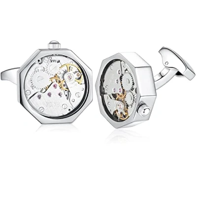 Abbildung von HONEY BEAR 1 Paar Herren Manschettenknöpfe Cufflinks Steampunk Uhrwerk Bewegung beweglich Edelstahl für Geschäftshochzeits Geschenk mit Kasten,Rechteck (Silber)