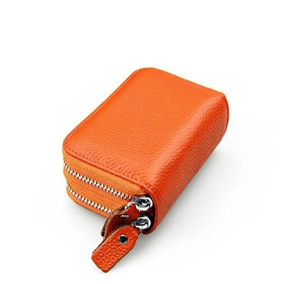 Abbildung von AprinCtempsD RFID Schutz Damen Kreditkartenhülle Herren Kreditkartenetui Echtes Leder Geldbörse Kleine Portemonnaie mit 2 Reißverschluss (Orange)