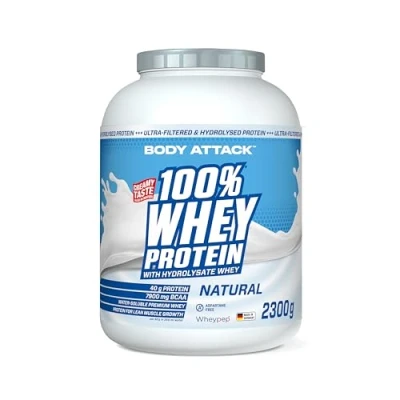 Abbildung von Body Attack 100% WHEY PROTEIN Natural 2,3 kg Made in Germany Extra cremiges Eiweißpulver mit Hydrolysat &amp; BCAA&#039;s, unterstützt Muskelaufbau und Diäten Für Sportler Athleten
