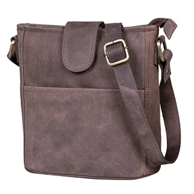 Abbildung von LEABAGS Leder Handtasche Damen I Premium Echtleder Umhängetasche Schultertasche Damentasche Tragetasche für Arbeit Uni Schule Freizeit Größe M (24 x 23 6 cm) Nature Dunkelbraun