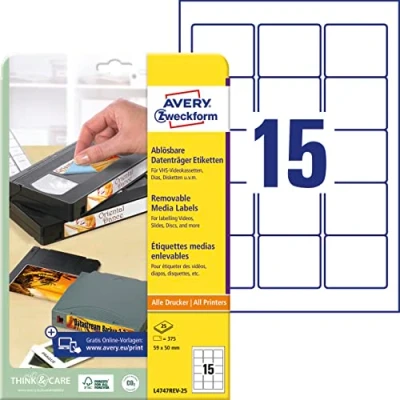 Abbildung von AVERY Zweckform L4747REV 25 Etiketten für Disketten (375 Aufkleber, 59x50 mm auf A4, bedruckbar, selbstklebend, wiederablösbar, und ZIP Disketten) Blatt, weiß
