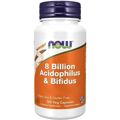 Abbildung von Now Foods, 8 Billion Acidophilus &amp; Bifidus (gute Bakterienkulturen), 120 vegane Kapseln, Laborgeprüft, Glutenfrei, Ohne Gentechnik, Vegetarisch, Sojafrei
