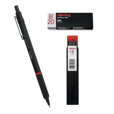 Abbildung von rOtring Rapid Pro Druckbleistift HB 2,0 mm Minen Mattschwarzer Vollmetallschaft Set Tikky Druckbleistiftminen 12 Stück Radiergummi B20