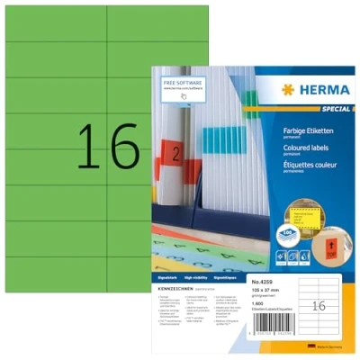 Abbildung von HERMA 4259 Farbige Etiketten grün, 100 Blatt, 105 x 37 mm, 16 pro A4 Bogen, 1600 Stück, selbstklebend, bedruckbar, matt, blanko Papier Farbetiketten Aufkleber