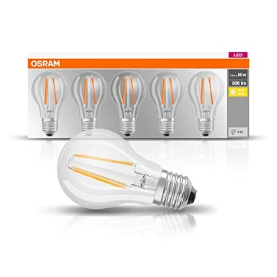 Abbildung von Osram LED Base Classic A Lampe, Sockel: E27, Warm White, 2700 K, 7 W, Ersatz für 60 W Glühbirne, klar , 5er Packung