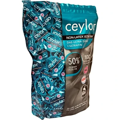 Abbildung von Ceylor Non Latex 100 ultradünne, latexfreie Kondome für Allergiker, hypoallergen und geruchslos, Großpackung, verpackt im hygienischen&quot;Dösli&quot;, einfach zu öffnen, Premium Qualität