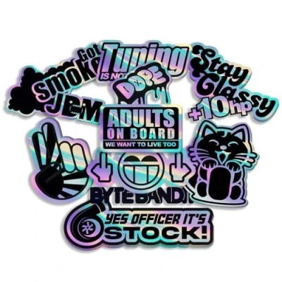 Abbildung von Finest Folia JDM Aufkleber Set für Auto Motorrad Helm Japan Stickerbomb japanische OEM Sticker Tuning Autoaufkleber Folie selbstklebend wetterfest R207 (Stickerbogen 6, Mit Hologramm Effekt)