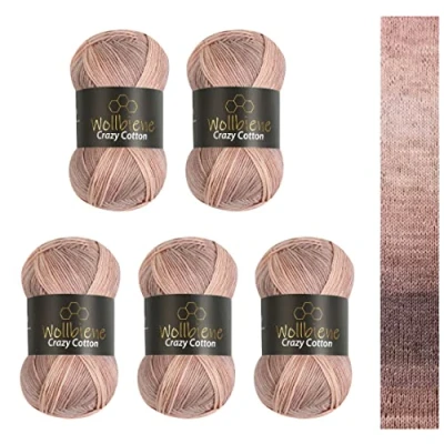 Abbildung von 5 x 100g Wollbiene Crazy Cotton Batik 500 Gramm mit Farbverlauf 55% Baumwolle mehrfarbig Multicolor Strickwolle Häkelwolle Wolle Ganzjahreswolle (6000 braun beige)