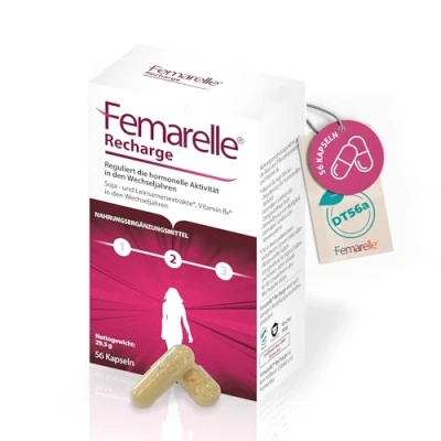 Abbildung von Femarelle Recharge 56 Kapseln In den Wechseljahren mit DT56a, Vitamin B6 und Leinsamenextrakt Bei Hitzewallungen nächtlichen Schweißausbrüchen kann gesunden Schlaf fördern