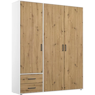 Abbildung von Rauch Möbel Voyager Schrank Kleiderschrank Drehtürenschrank, Eiche Artisan/Alpinweiß, Holz, 3 türig mit 2 Schubladen, inklusive 1 Kleiderstange, Einlegeböden BxHxT 140x194x53 cm