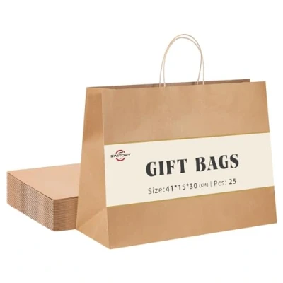 Abbildung von Switory 25 Stk Braun Papiertüten mit Henkel 41 x 15 30 cm Groß Geschenktüten Papiertragetaschen Kraftpapiertüte zum Einkaufen, DIY, Geschäfte, Geburtstag, Party