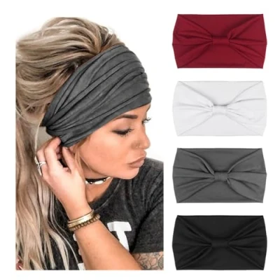 Abbildung von DRESHOW 4 Stück Damen Stirnband Elastische Weiche Stirnbänder Kopfband Haarband Kopf Wickeln Niedlich Haarschmuck für Alltag Yoga Sport Fitness