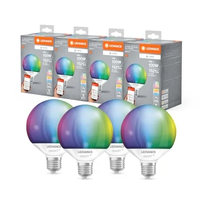Abbildung von Ledvance SMART+ MATTER LED Lampe, kompatibel mit Google, Alexa, Apple, weiße Frost Optik, 14W, 1521lm, E27, Farblicht &amp; Weißlicht, App oder Sprachsteuerung, bis zu 20.000 Std. Lebensdauer, 4 Pack
