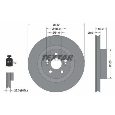 Abbildung von TEXTAR 92167703 Bremsscheibe 312 28 05/07 108 innenbelüftet beschichtet ohne Radbefestigungsbolzen, Radnabe RENAULT: CLIO 3, MEGANE 2