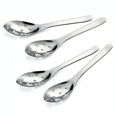 Abbildung von 4 Stück Edelstahl geschlitzter Servierlöffel, Kaviar Löffel für Suppe, Servierlöffel Kleiner Salatlöffel Abendessen Utensilien Home Kitchen Restaurant Buffet