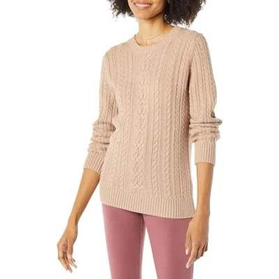 Abbildung von Amazon Essentials Damen Fisherman Cable Langarm Pullover mit Rundhalsausschnitt (in Übergröße erhältlich), Taupe Meliert, S