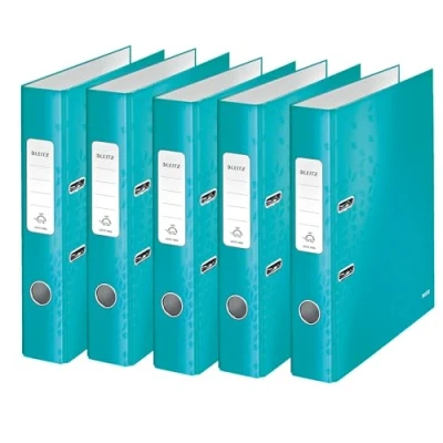 Abbildung von Leitz Qualitäts Ordner 180, 5er Pack, A4, schmal, 5,2 cm Rückenbreite, laminierte Graupappe, Eisblau, WOW Serie, 10064051