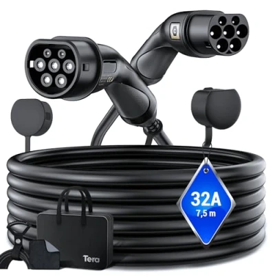Abbildung von Tera EV Ladekabel Typ 2: 22KW 32A 7,5Meter 3 Phasen 2 zu Mennekes IP55 Schnellladen Elektroauto für E Auto EV/PHEV Deutsche Bedienungsanleitung DC 32 Schwarz