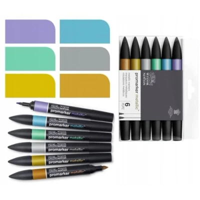 Abbildung von Winsor &amp; Newton 0290135 ProMarker Metallic, Professioneller Layoutmarker 2 Spitzen, fein und breit für Zeichnungen, Design Layouts 6 Metallic Farben im Set