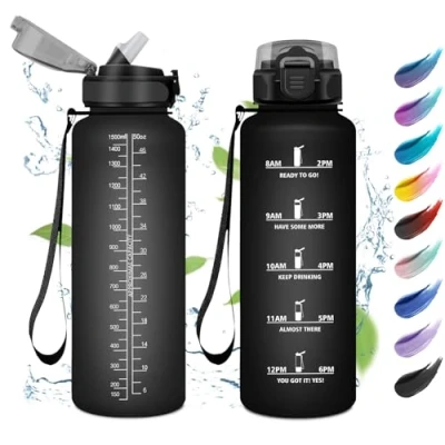 Abbildung von Trinkflasche Sport 1.5L, Auslaufsicher Wasserflasche Kohlensäure Geeignet, mit Zeitmarkierung, Strohhalm, Sportflasche für Oudoor, Sprudel, Camping, Fahrrad,