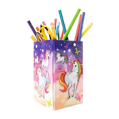 Abbildung von HERMA 19731 Stiftehalter mit Einhorn Motiv, faltbar, stabile Pappe, Schreibtisch Stifteköcher für Mädchen &amp; Jungen, rechteckiger Stiftebecher Buntstifte, Marker, Bleistifte, Make Up Pinsel