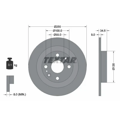 Abbildung von TEXTAR 92061700 Bremsscheibe 250 9 04/07 100 voll ohne Radbefestigungsbolzen, Radnabe MAZDA: MX 5 I, 2, 323C IV Hatchback