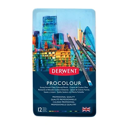 Abbildung von Derwent Procolour Buntstifte, Set mit 12 Stück in Metalldose, 4mm Runder Kern Premium Stärke, Glatte Textur, Ideal fürs Zeichnen und Malen, Profi Qualität, 2302505