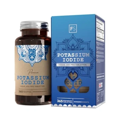 Abbildung von FS Jod Tabletten mit Kaliumiodid 365 hochdosierte Kaliumtabletten 150mcg Potassium Iodide pro Portion Gentechnik , Gluten Milch und Allergenfrei Hergestellt in Großbritannien