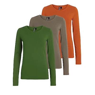 Abbildung von PIECES Damen PCSIRENE LS Tee 3 PACK NOOS CP, Burnt Orange/3 ORANGE KAL, M