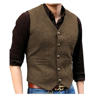 Abbildung von Solovedress Mens Vintage Classic Wolle Anzugweste Formale Regular Fit Weste Anzug für Hochzeit Groomsmen(Brown,L)