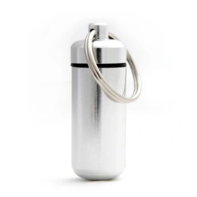 Abbildung von Pillen Dose, Box, Aluminium Kapsel, Schlüssel Anhänger mini, wasserdicht, Farbe: silber, Höhe: 45mm