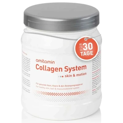 Abbildung von amitamin Collagen System deutsche Apothekenqualität, reines Kollagen Hydrosylat Pulver + Hyaluronsäure Coenzym Q10 wichtige Mikronährstoffe 240 Gramm geschmacksneutral aus Weidehaltung