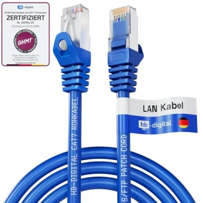 Abbildung von HB DIGITAL 1.5m LAN Kabel CAT 7 Rohkabel RJ45 S/FTP Netzwerkkabel Ethernet Patchkabel bis zu 10 Gbps 600 MHz Kupfer Profi PiMF für Patchpanel Switch Router Modem Blau