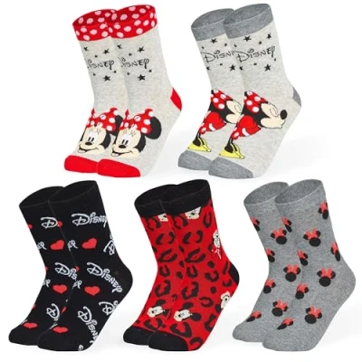 Abbildung von Disney Damen Socken, bunte warme Strümpfe mit Motiv, Geschenke für Frauen, Teenies, 5er Pack (Graue Minnie Maus)