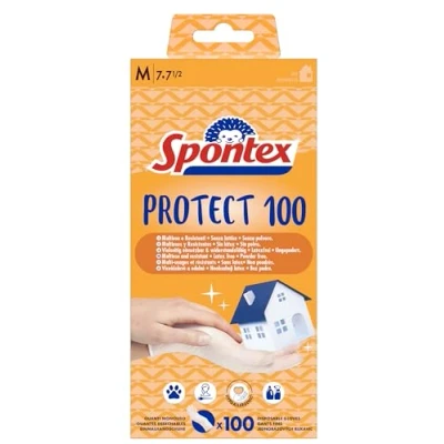 Abbildung von Spontex Protect Einmalhandschuhe aus Vinyl, ungepudert und latexfrei, vielseitig einsetzbar, in praktischer Spenderbox, Größe M, 100er Pack